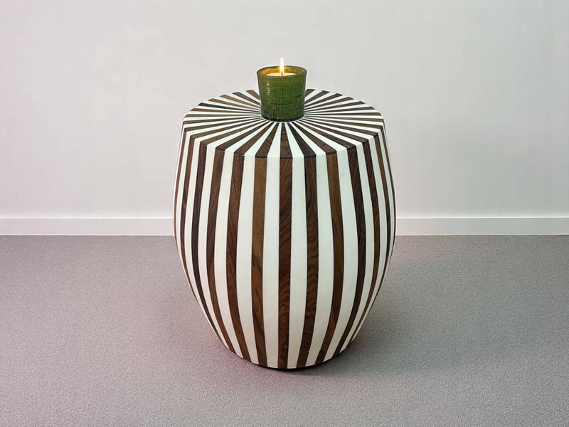 Round Walnut Wood and White Resin Side Table