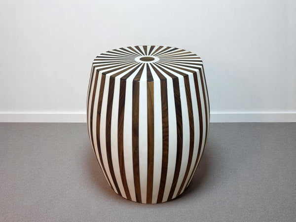 Round Walnut Wood and White Resin Side Table