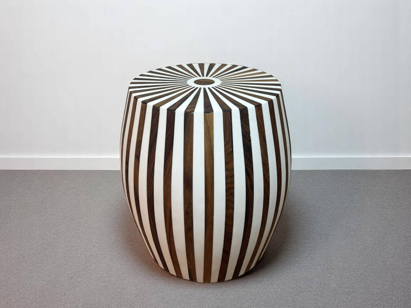 Round Walnut Wood and White Resin Side Table