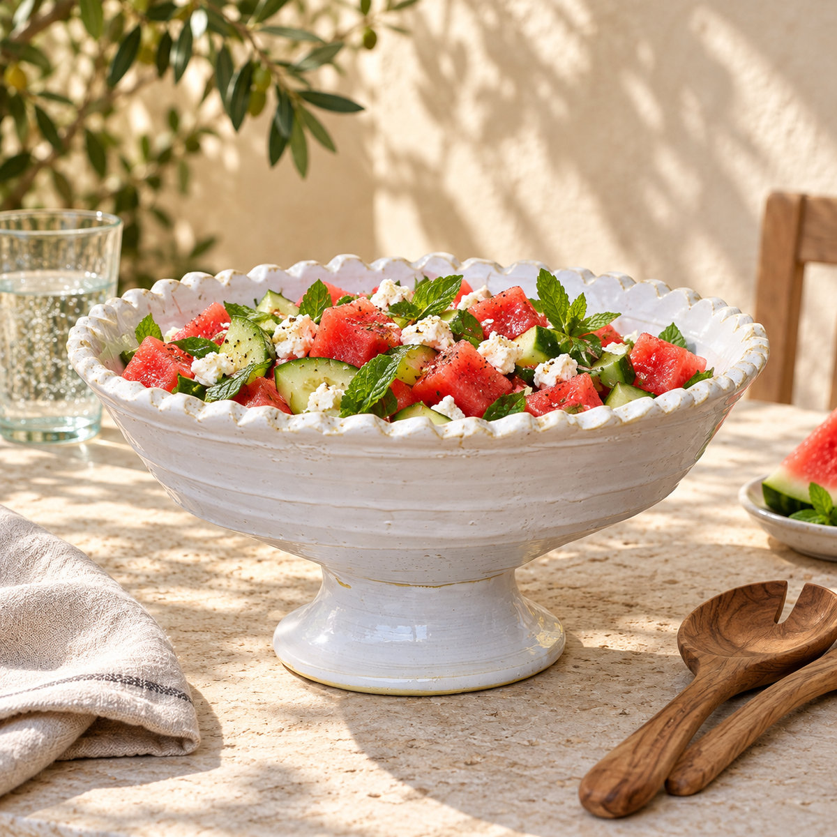 White Tamegroute ceramic pedestal fruit bowl with a jagged rim, handmade in Morocco.