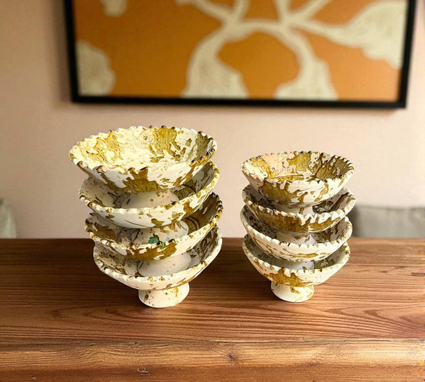 Splatter Yellow Moroccan Footed Bowls – Handcrafted Tamegroute Pottery for Table or Planting (6"–12")