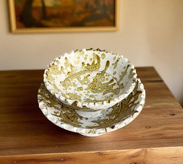 Splatter Yellow Moroccan Footed Bowls – Handcrafted Tamegroute Pottery for Table or Planting (6"–12")