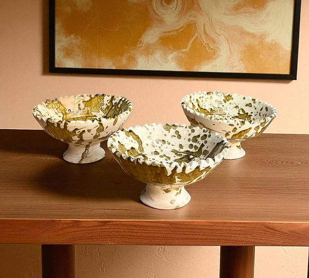 Splatter Yellow Moroccan Footed Bowls – Handcrafted Tamegroute Pottery for Table or Planting (6"–12")