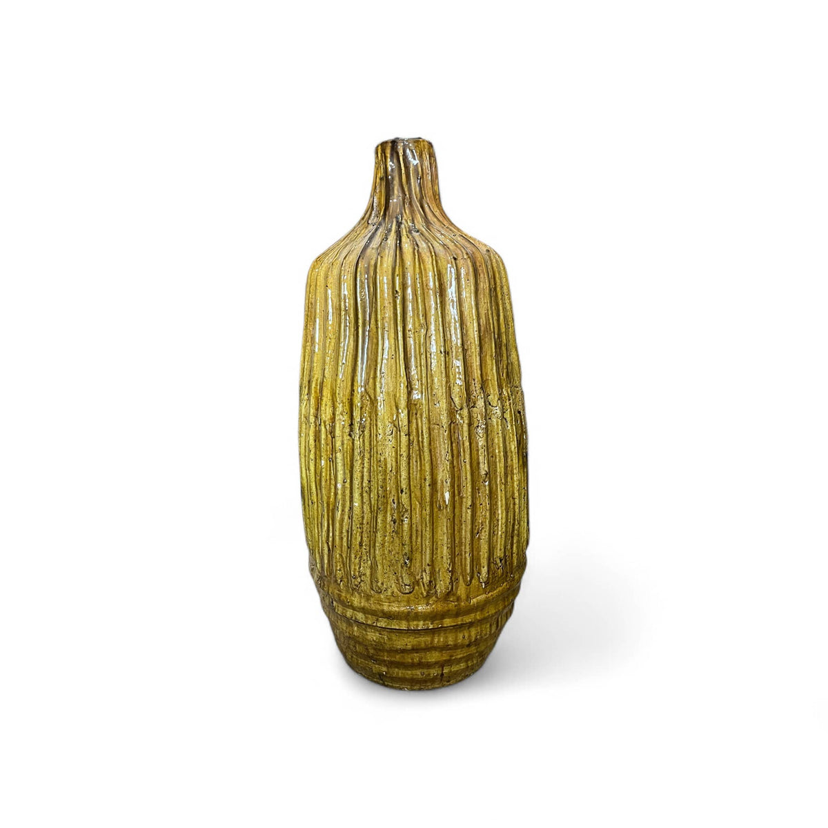 Textured green vase on a white background