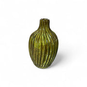 Yellow ribbed vase on a white background