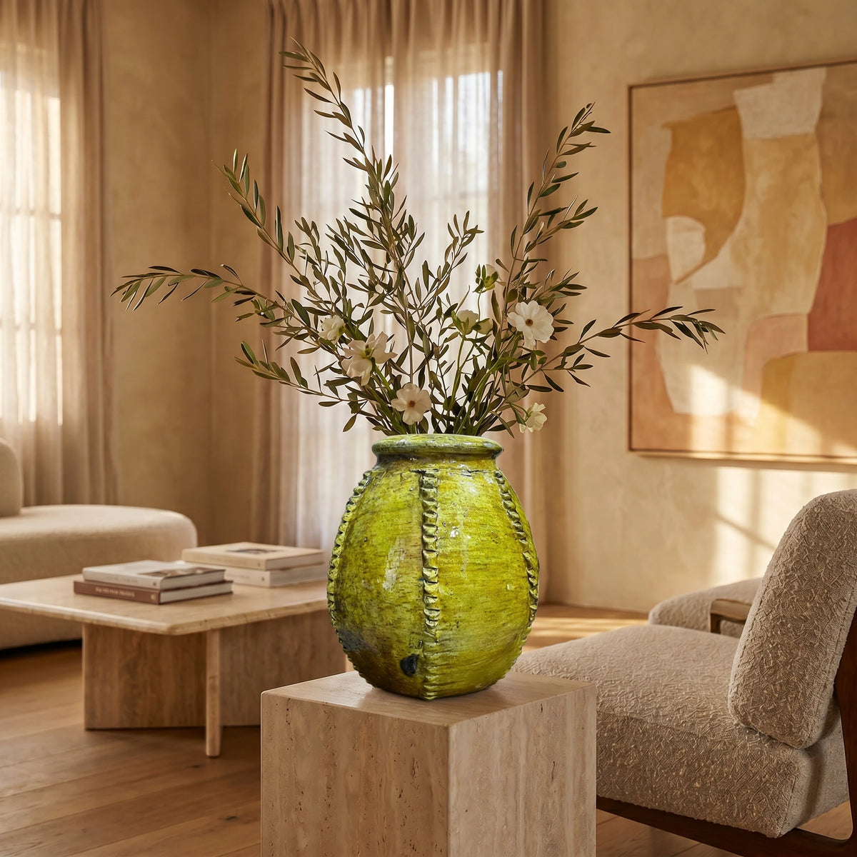Handmade Yellow Tamegroute Vase with Stitched Detailing – Moroccan Pottery