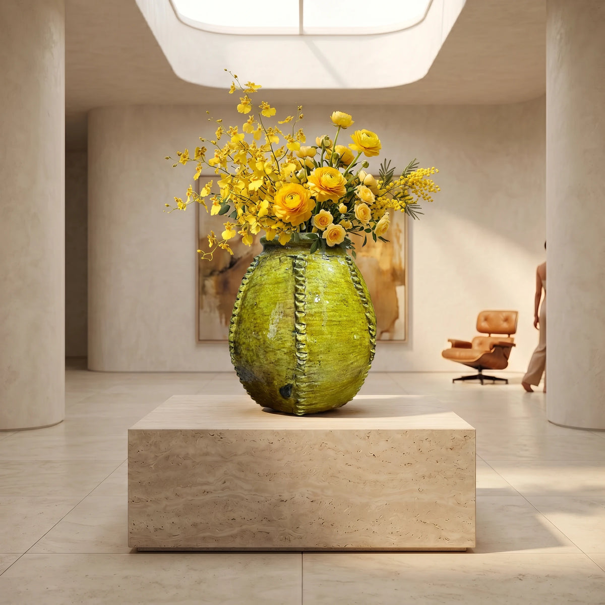Handmade Yellow Tamegroute Vase with Stitched Detailing – Moroccan Pottery
