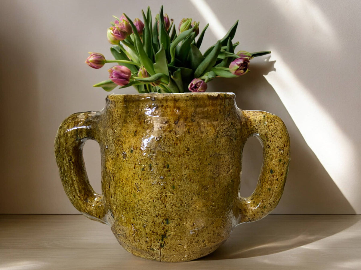 Handmade Moroccan Vintage Shaded Ochre Glaze Tamegroute Holder Planter/Pot: Unique Ceramic Pottery for Plants