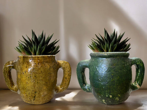 Handmade Moroccan Vintage Shaded Green & Ochre Glaze Tamegroute Holder Planter/Pot: Unique Ceramic Pottery for Plants