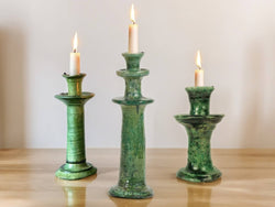 Handmade Moroccan Vintage Tamegroute Green Candlestick Holders: Set of 3 Ceramic Glazed Pottery