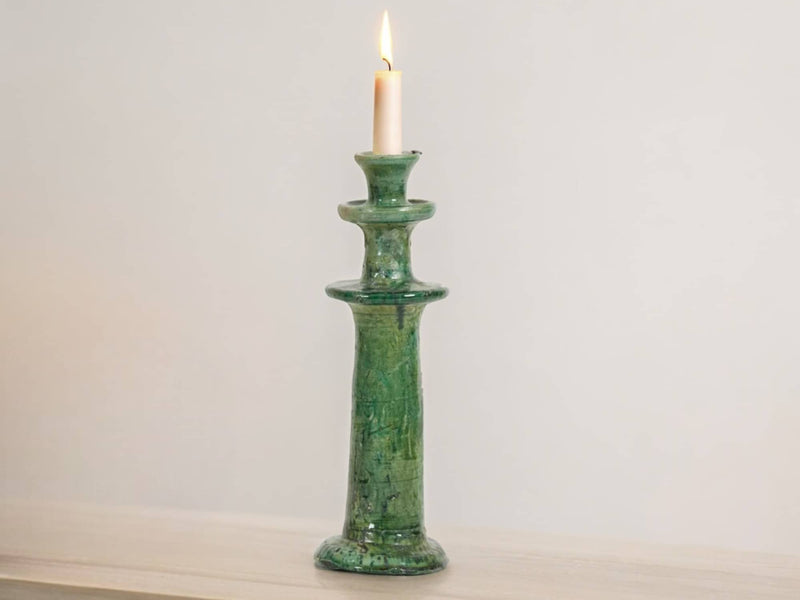 Handmade Moroccan Vintage Tamegroute Green Candlestick Holders: Set of 3 Ceramic Glazed Pottery