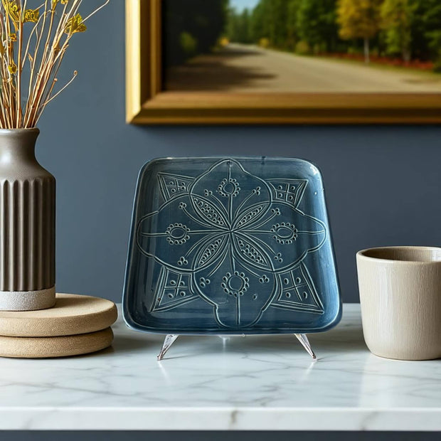 Premium Hand-Engraved Deep Cobalt Blue Moroccan Square Plate (Available in 3 Sizes)