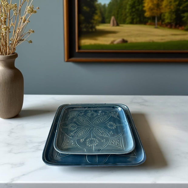 Premium Hand-Engraved Deep Cobalt Blue Moroccan Square Plate (Available in 3 Sizes)