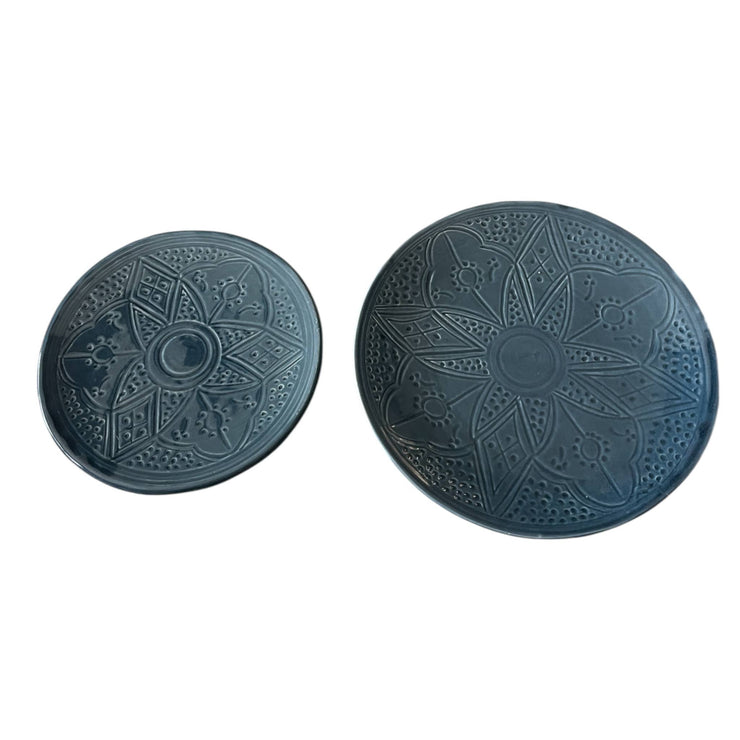 Premium Hand-Engraved Deep Cobalt Blue Moroccan Plates with Floral Motifs (Set of 2 - 20/25 cm)