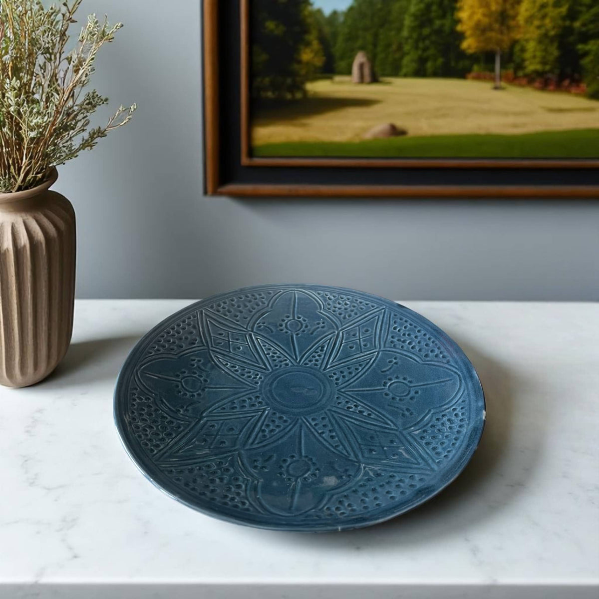 Premium Hand-Engraved Deep Cobalt Blue Moroccan Plates with Floral Motifs (Set of 2 - 20/25 cm)