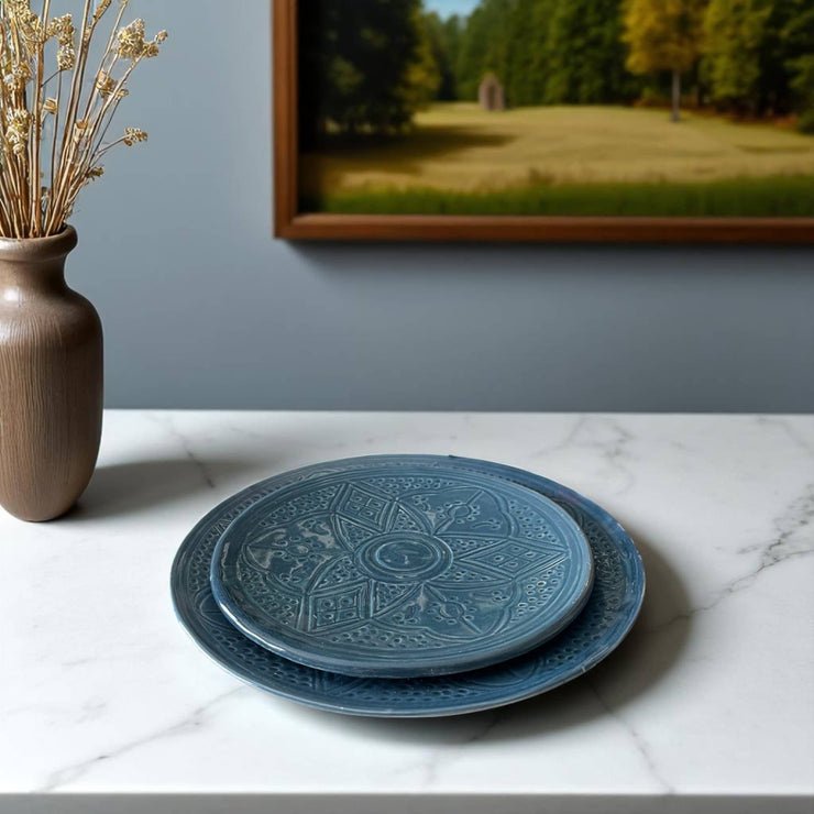 Premium Hand-Engraved Deep Cobalt Blue Moroccan Plates with Floral Motifs (Set of 2 - 20/25 cm)