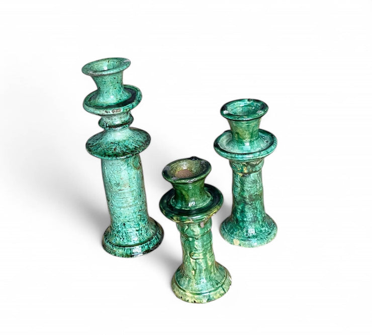 Handmade Tamegroute Candleholder Set – Tall Green Moroccan Pottery: Set of 3 Ceramic Glazed Pottery