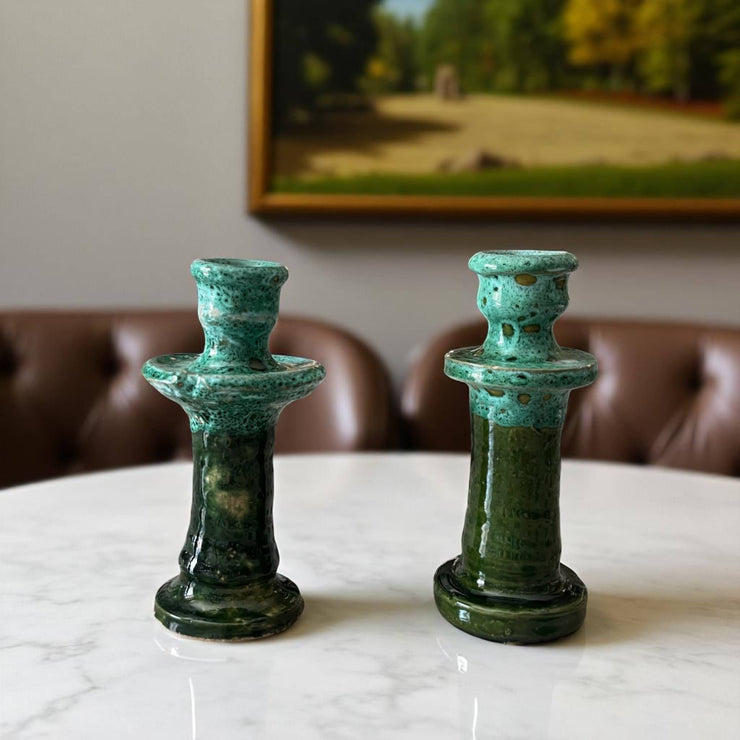 Handmade & Glazed Multi-Toned Green Candle Holder (16 cm)