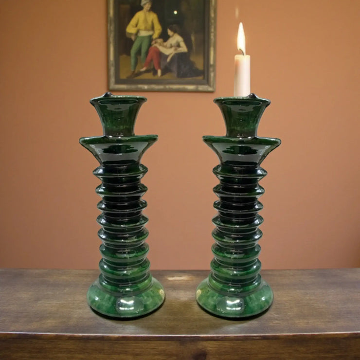 Handmade Tamegroute candleholder in glossy green glaze. 20 cm tall, crafted in Morocco using traditional pottery techniques. Rustic, artisan décor for modern homes.