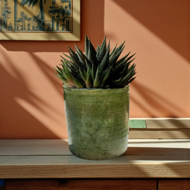 Handmade Tamegroute green planter vessel, Moroccan pottery, suitable for plants or poured candles