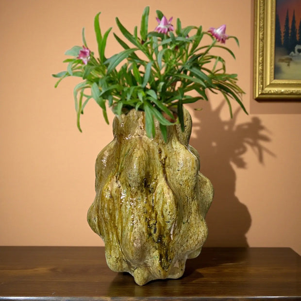 Handmade Tamegroute sculptural clay vase with shaded YELLOW glaze. 