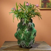 Handmade Tamegroute sculptural clay vase with shaded green glaze. One-of-a-kind Moroccan pottery with natural marks from the kiln. Size 45 cm.