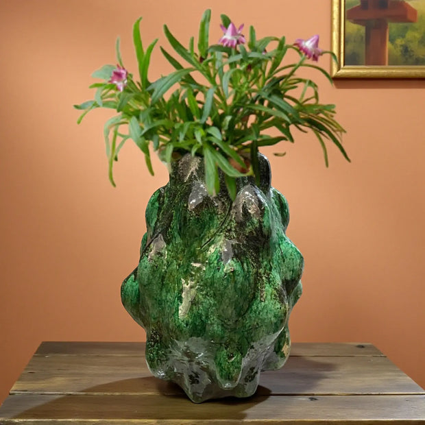 Handmade Tamegroute sculptural clay vase with shaded green glaze. One-of-a-kind Moroccan pottery with natural marks from the kiln. Size 45 cm.