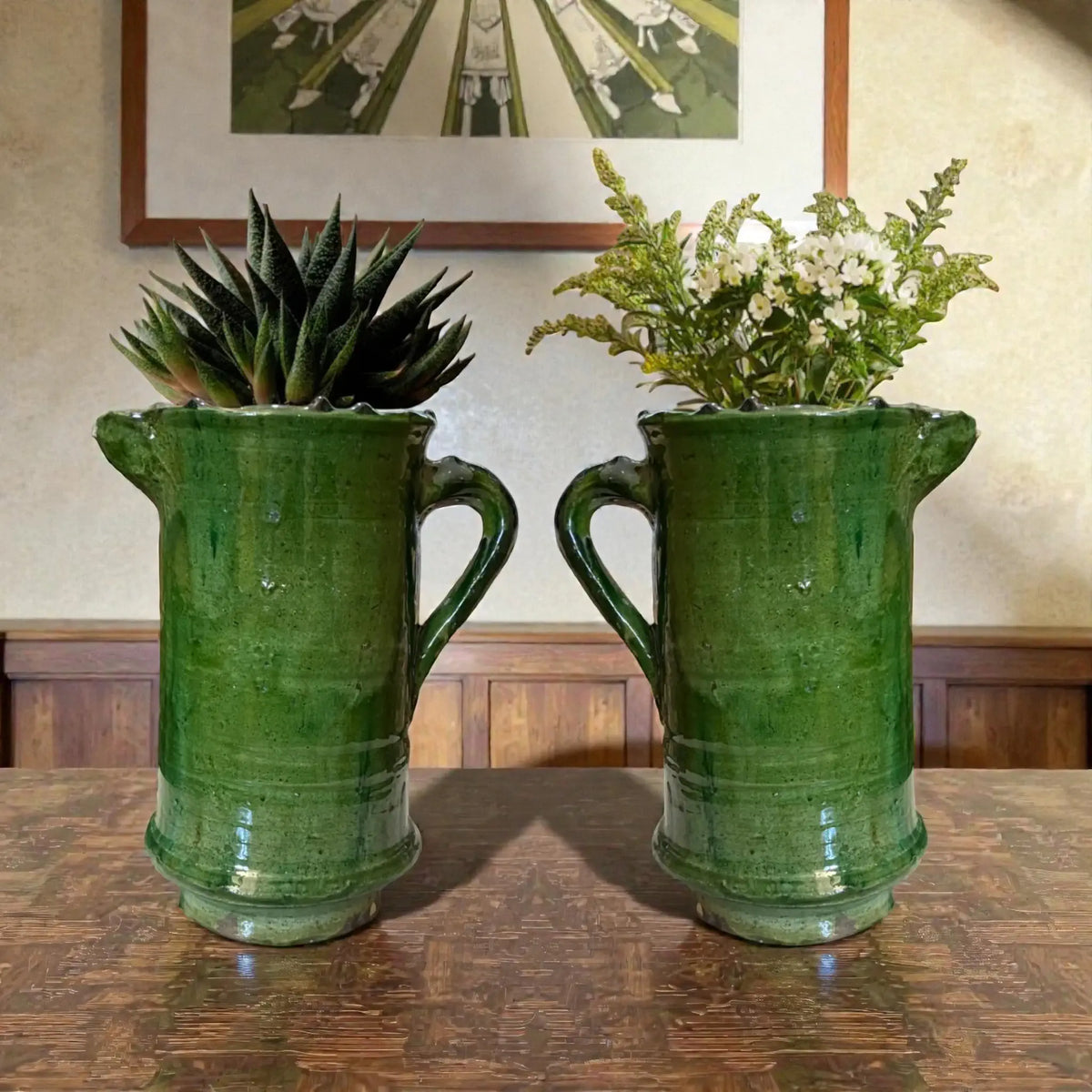 Handmade Tamegroute ceramic vase with handle, traditional green glaze Moroccan pottery, 24 cm tall