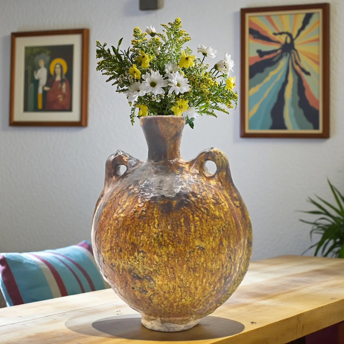 Handmade sculptural Tamegroute ceramic vase with organic open form and natural  ochre glaze from Morocco