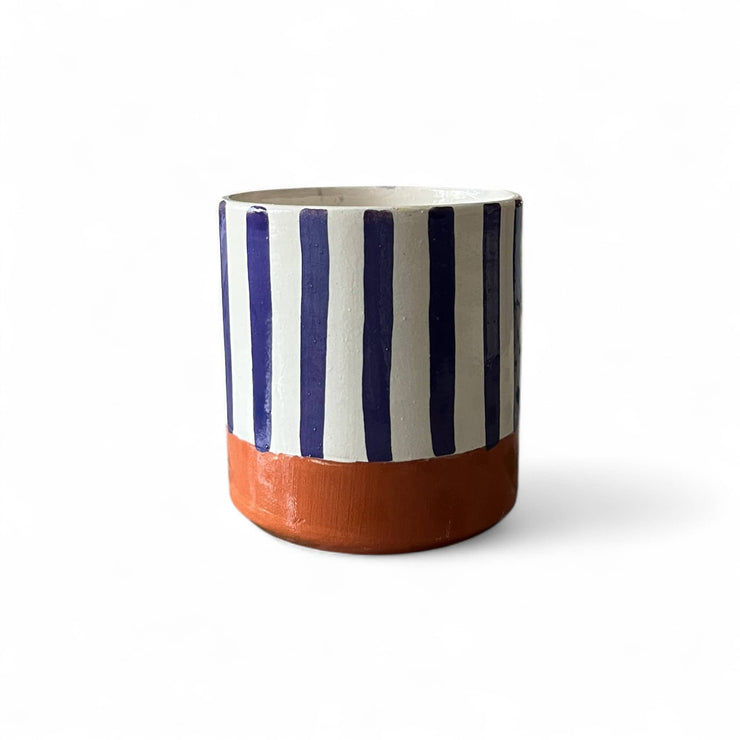 Handpainted Terracotta & Blue Striped Tumbler (9 cm H x 8 cm Dia)