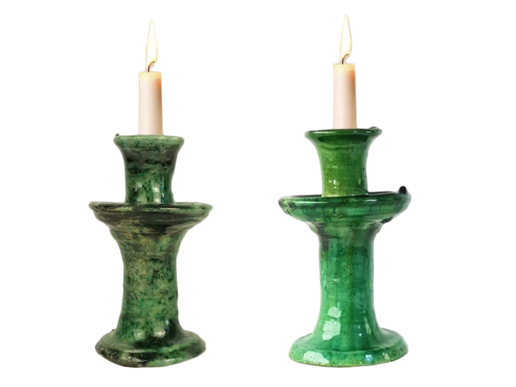 Handmade Tamegroute Candleholder Set – Tall Green Moroccan Pottery: Set of 3 Ceramic Glazed Pottery