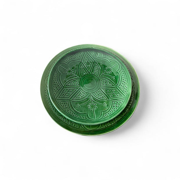 Premium Hand-Engraved Emerald Green Moroccan Plates with Floral Motifs
