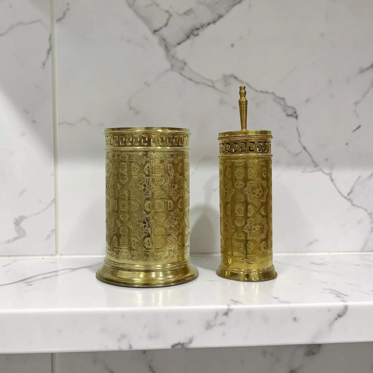 unlacquered brass bathroom accessories set trash can brush holder
