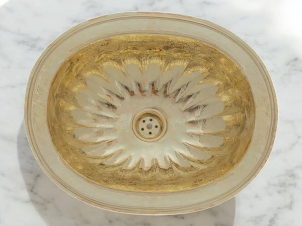 Handcrafted Petal Etched Oval Solid Brass Sink – Drop-In Customizable Kitchen Sink
