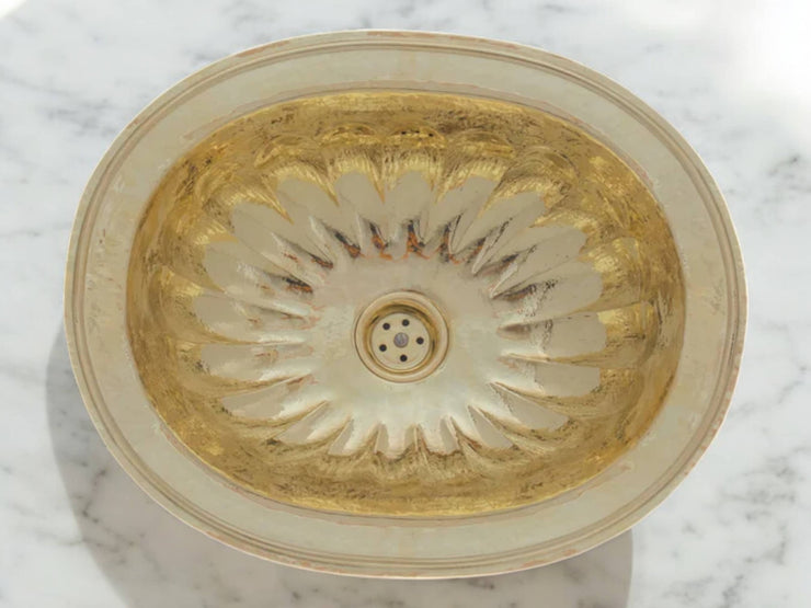 Handcrafted Petal Etched Oval Solid Brass Sink – Drop-In Customizable Kitchen Sink