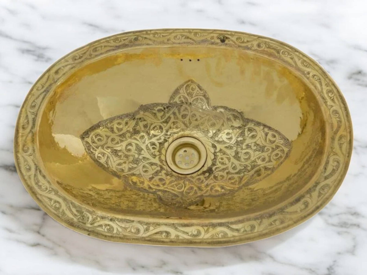 Brass Sink – Oval Brass Drop-in Bathroom Sink with Engraved Antique Finish
