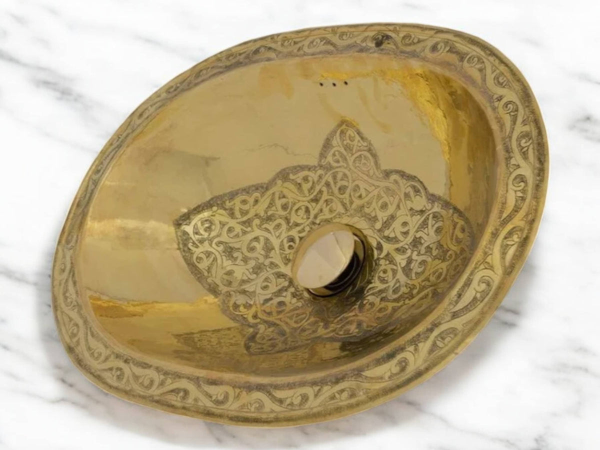 Brass Sink – Oval Brass Drop-in Bathroom Sink with Engraved Antique Finish
