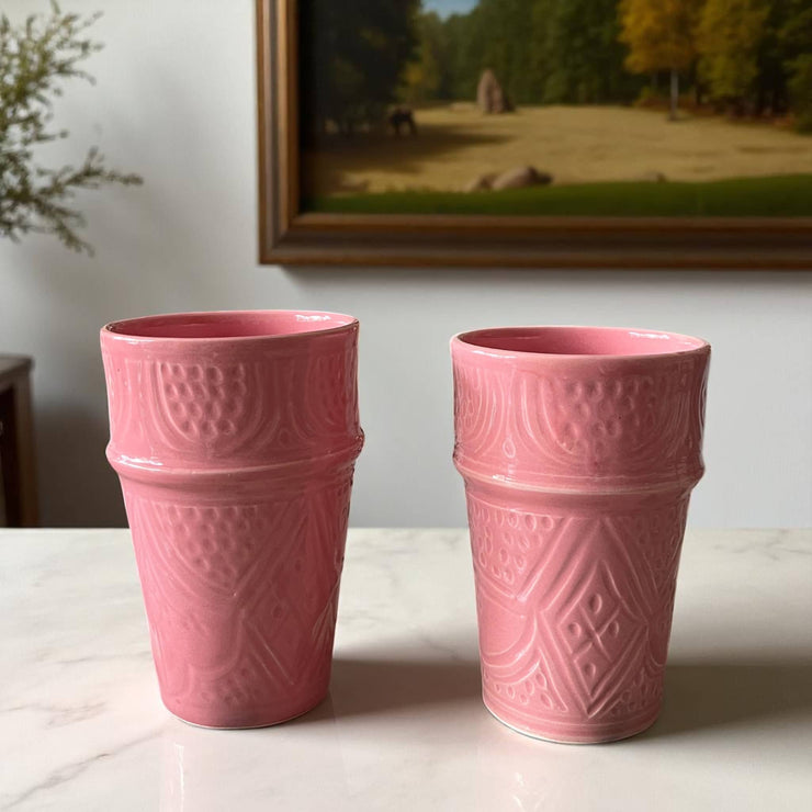 Hand-Engraved Pink Moroccan Tumbler (13 cm H x 8 cm Dia)