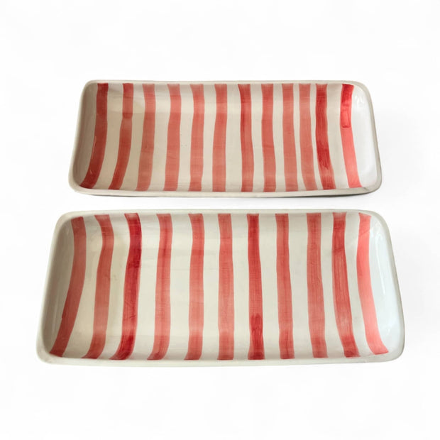 Handpainted Red & White Striped Serving Platter approx. 12.20 in L x 5.51 in W x 1.38 in H