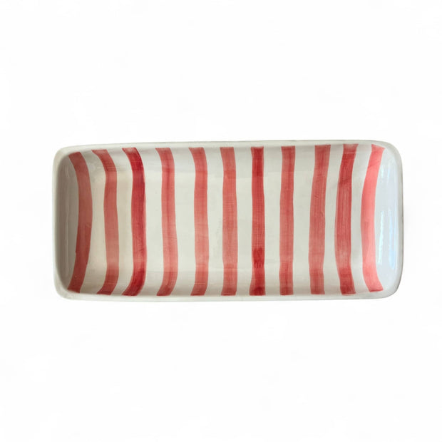 Handpainted Red & White Striped Serving Platter approx. 12.20 in L x 5.51 in W x 1.38 in H