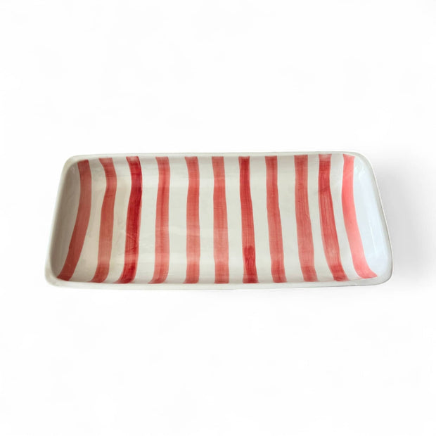 Handpainted Red & White Striped Serving Platter approx. 12.20 in L x 5.51 in W x 1.38 in H