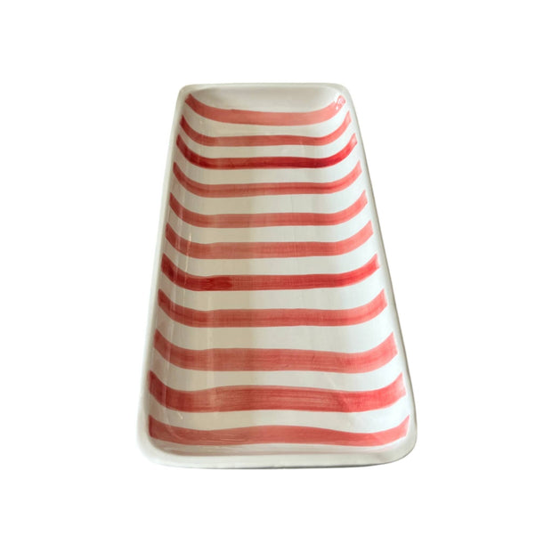 Handpainted Red & White Striped Serving Platter approx. 12.20 in L x 5.51 in W x 1.38 in H