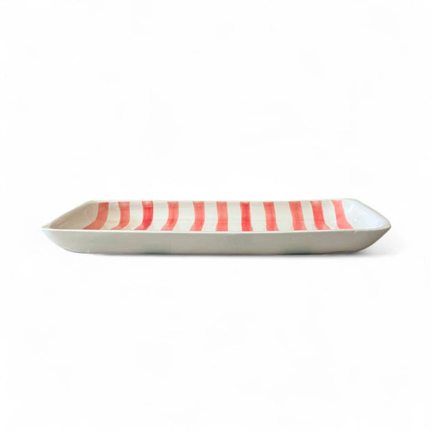 Handpainted Red & White Striped Serving Platter approx. 12.20 in L x 5.51 in W x 1.38 in H