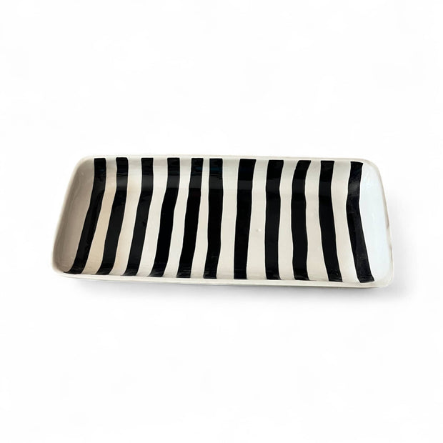 handmade and handpainted black and white striped serving platter