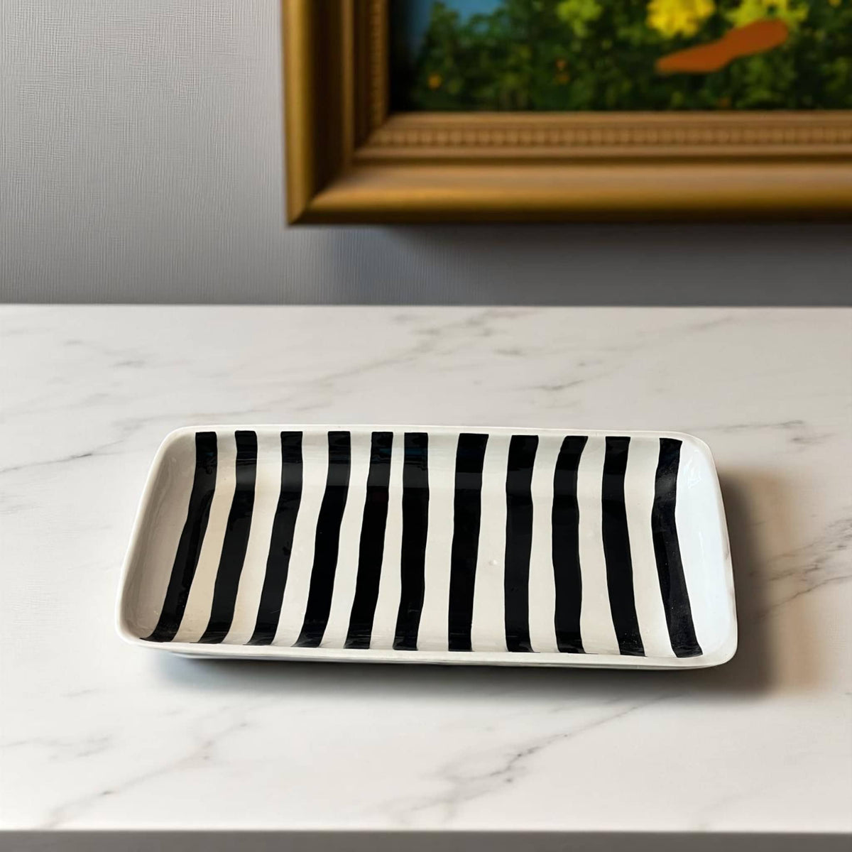 handmade and handpainted black and white striped serving platter