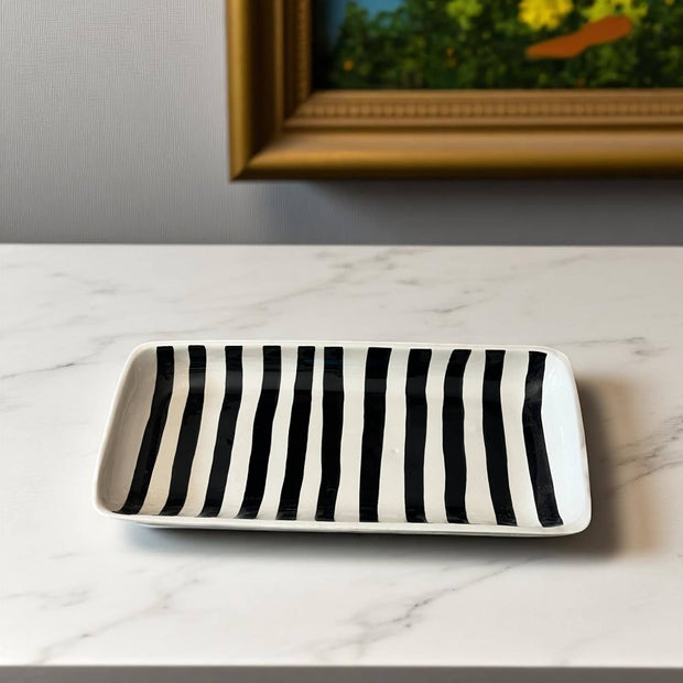 handmade and handpainted black and white striped serving platter