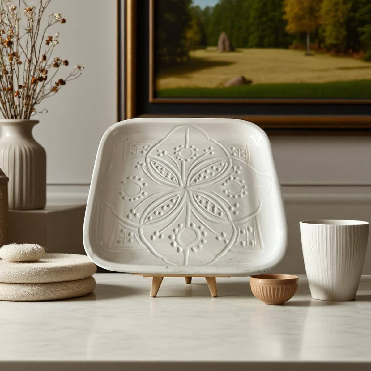 Premium Hand-Engraved Neutral Moroccan Square Plate
