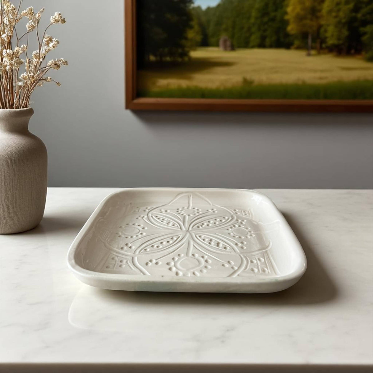 Premium Hand-Engraved Neutral Moroccan Square Plate