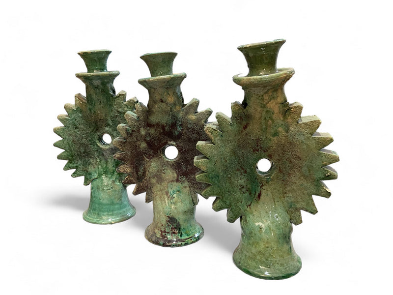 Handmade Tamegroute Green Ceramic Candle Holders - Sun Design