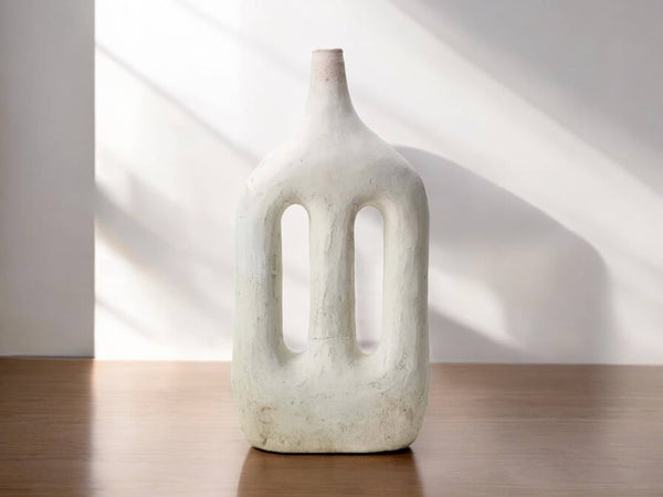 Handmade Large Abstract Ecru Cutout Candlestick Sculpture in Raw Moroccan Tamegroute Pottery, Unglazed Ceramic Craftsmanship